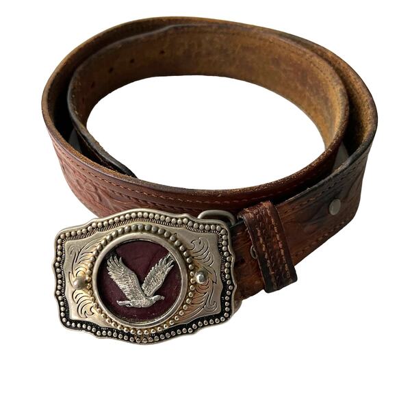 Leather Belt Tooled Bird Buckle Men Size 36 - Picture 1 of 16